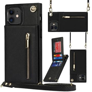 Husă hibridă iPhone 11 cu portofel și șnur - negru