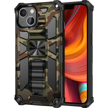 Husă hibridă cu design de camuflaj pentru iPhone 13 cu suport pentru picior - Verde Army