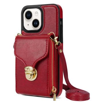 Husă iPhone 14 Plus Totul într-unul cu portofel și curea - Roșu