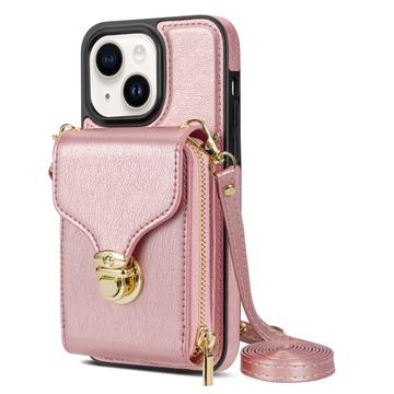Husă iPhone 14 Plus Totul într-unul cu portofel și curea - Auriu Roze