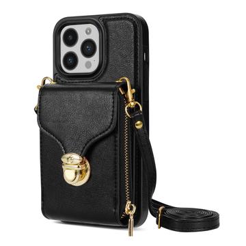 Husă iPhone 14 Pro Totul într-unul cu portofel și curea - negru