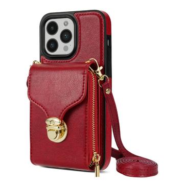 Husă iPhone 14 Pro Totul într-unul cu portofel și curea - Roșu