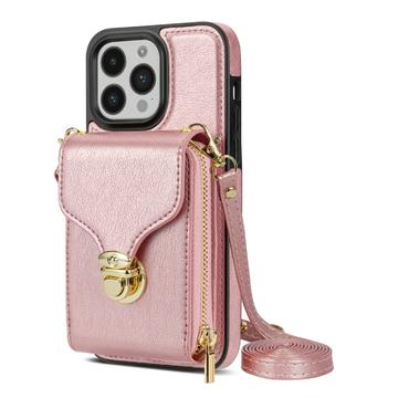 Husă iPhone 14 Pro Totul într-unul cu portofel și curea - Auriu Roze
