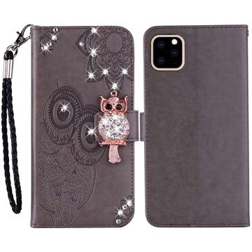 iPhone 14 Pro Max Owl Owl Rhinestone Wallet Case - Gri