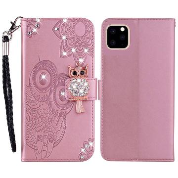 iPhone 14 Pro Owl Owl Rhinestone Wallet Case - Rose Gold