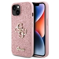 Husă iPhone 15 - Guess Fixed Glitter 4G Metal Logo - Roz