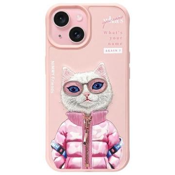 Husă Pisică iPhone 15 Nimmy Friends Cool&Cute 2.0 - Roz