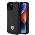 Husă iPhone 15 Plus Ferrari Carbon Metal Logo Mag - Negru