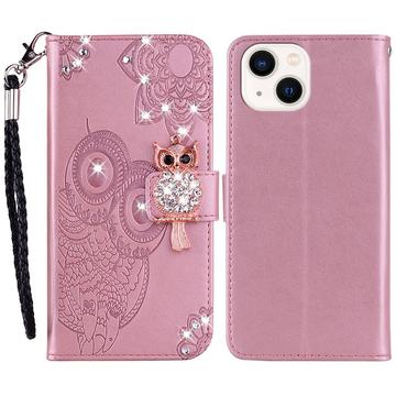 iPhone 15 Plus Owl Owl Rhinestone Wallet Case - Rose Gold