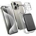 Set de protecție MagSafe 4-în-1 pentru iPhone 15 Pro cu suport pentru carduri - Transparent / Negru