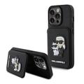 iPhone 15 Pro Karl Lagerfeld Saffiano Saffiano Card Slot Stand Karl & Choupette Case - Negru
