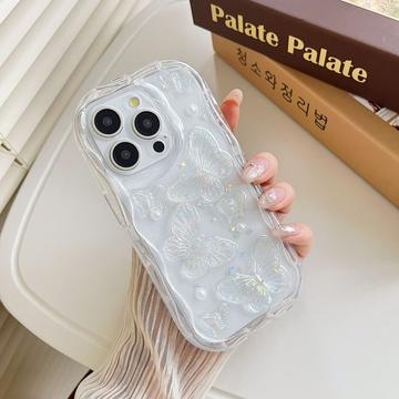 Husă TPU iPhone 15 Pro Max cu fluture și perlă - transparentă