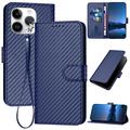 iPhone 15 Pro Husă portofel premium cu curea - fibra de carbon textură - Albastru de carbon