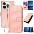iPhone 15 Pro Husă portofel premium cu curea - fibra de carbon textură - Roz carbon