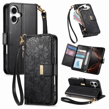 Husă portofel iPhone 16 cu model floral și frunze, buzunar cu fermoar și curea de mână
