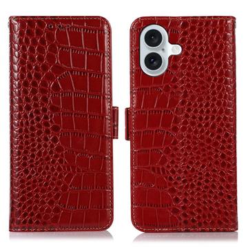 Husă Piele Portofel cu RFID iPhone 16 Plus - Crocodile - Roșu