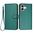 iPhone 16 Husă portofel premium cu curea - fibra de carbon textură - Verde carbon