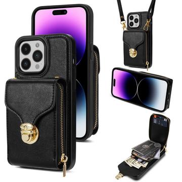 Husă iPhone 16 Pro Totul într-unul cu portofel și curea - negru