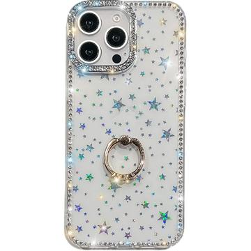 Husă hibridă cu suport pentru inel iPhone 16 Pro CrystalGlow - Stele / Transparent