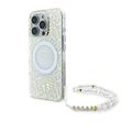 Husă cu curea din perle iPhone 16 Pro Guess IML Flowers Allover Electro - compatibil MagSafe - alb