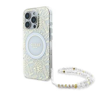Husă cu curea din perle iPhone 16 Pro Guess IML Flowers Allover Electro - compatibil MagSafe - alb