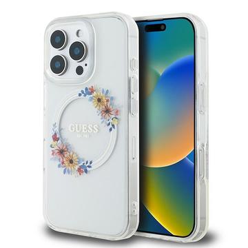 Husă iPhone 16 Pro Guess IML Flowers Wreath - Compatibil MagSafe - Transparent