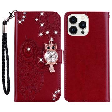 iPhone 16 Pro Max Husa portofel cu strasuri bufniță - Roșu