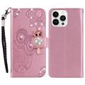 iPhone 16 Pro Max Husa portofel cu strasuri bufniță - Auriu Roze