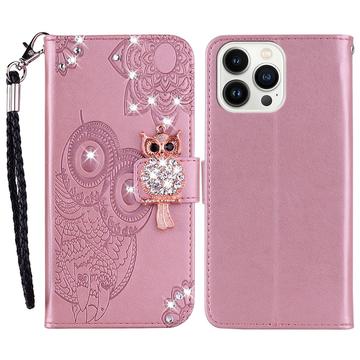 iPhone 16 Pro Max Husa portofel cu strasuri bufniță - Auriu Roze