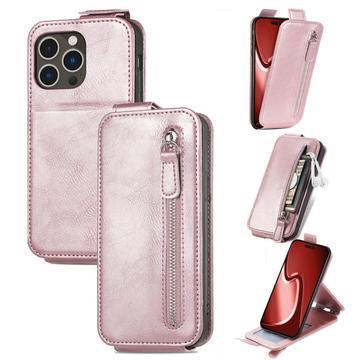 Husă Flip Vertical iPhone 16 Pro Max cu Buzunar cu Fermoar - Auriu Roze