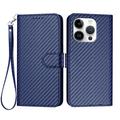 iPhone 16 Pro Husă portofel premium cu curea - fibra de carbon textură - Albastru de carbon