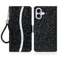 iPhone 16 - Husă elegantă cu sclipici pentru portofel - negru