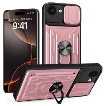 Husă Hibridă iPhone 16e cu Inel Rotativ cu Ecran pentru Cameră - Auriu Roze