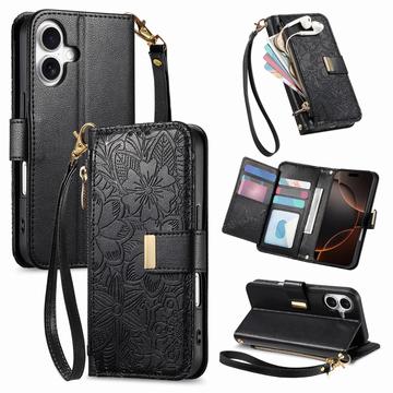 Husă portofel iPhone 17 cu model floral și frunze, buzunar cu fermoar și curea de mână