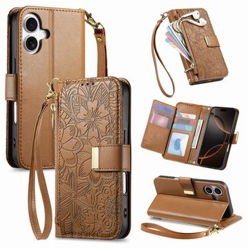 Husă portofel iPhone 17 cu model floral și frunze, buzunar cu fermoar și curea de mână - Maro