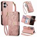 Husă portofel iPhone 17 cu model floral și frunze, buzunar cu fermoar și curea de mână - roz