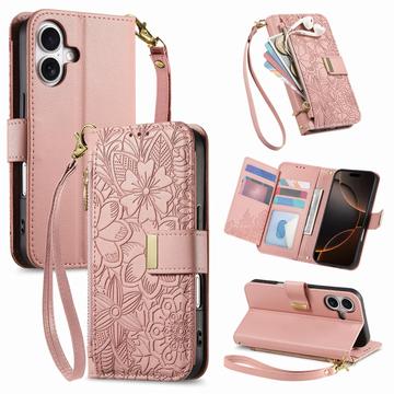 Husă portofel iPhone 17 cu model floral și frunze, buzunar cu fermoar și curea de mână - roz