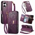 Husă portofel iPhone 17 cu model floral și frunze, buzunar cu fermoar și curea de mână - Purple