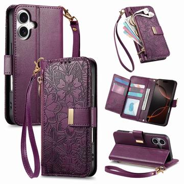 Husă portofel iPhone 17 cu model floral și frunze, buzunar cu fermoar și curea de mână - Purple