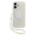 Husă cu curea din perle iPhone 17 Guess IML Flowers Allover Electro - compatibil MagSafe - alb
