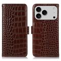 Husă Piele Portofel cu RFID iPhone 17 Pro - Crocodile - Maro
