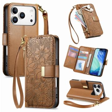 Husă portofel iPhone 17 Pro cu model floral și frunze, buzunar cu fermoar și curea de mână - Maro