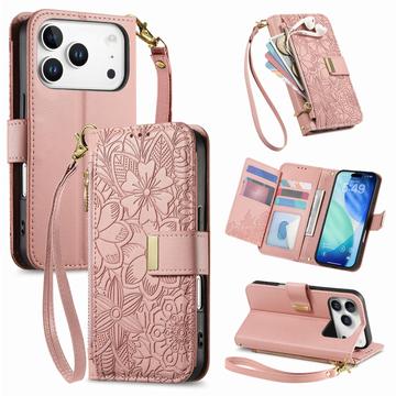 Husă portofel iPhone 17 Pro cu model floral și frunze, buzunar cu fermoar și curea de mână - roz