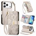 Husă portofel iPhone 17 Pro cu model floral și frunze, buzunar cu fermoar și curea de mână - alb