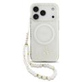 Husă cu curea din perle iPhone 17 Pro Guess IML Flowers Allover Electro - compatibil MagSafe - alb