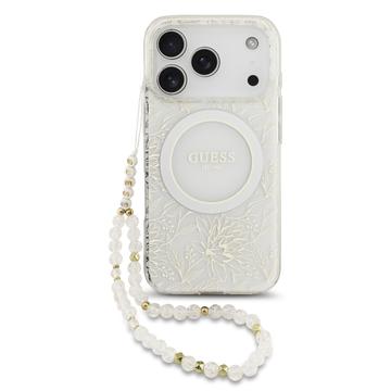 Husă cu curea din perle iPhone 17 Pro Guess IML Flowers Allover Electro - compatibil MagSafe - alb