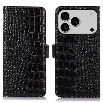 Husă Piele Portofel cu RFID iPhone 17 Pro Max - Crocodile - Negru