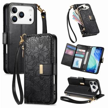 Husă portofel iPhone 17 Pro Max cu model floral și frunze, buzunar cu fermoar și curea de mână