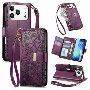 Husă portofel iPhone 17 Pro Max cu model floral și frunze, buzunar cu fermoar și curea de mână - Purple