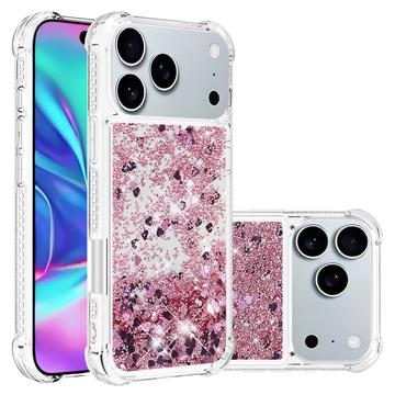 Husă TPU iPhone 17 Pro Max Glitter Quicksand - Inimioare din aur roz